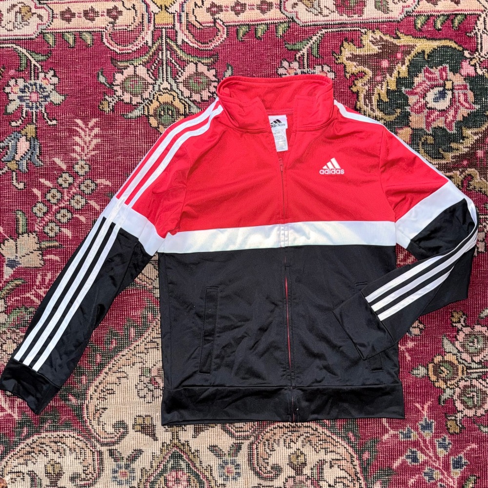 Adidas Track Jacket Kids Size M‎ 10/12 Red Black White Excellent Colorblock Zip